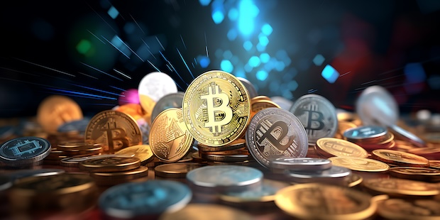 Stapel digitaler Münzen in leuchtenden Farben, darunter Bitcoin und Ethereum, die über Bunq Crypto handelbar sind.