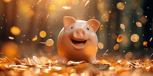 Ein lachendes Sparschwein im goldenen Licht, umgeben von fliegenden Münzen – sinnbildlich für das Thema ETF verkaufen und Steuern sparen.