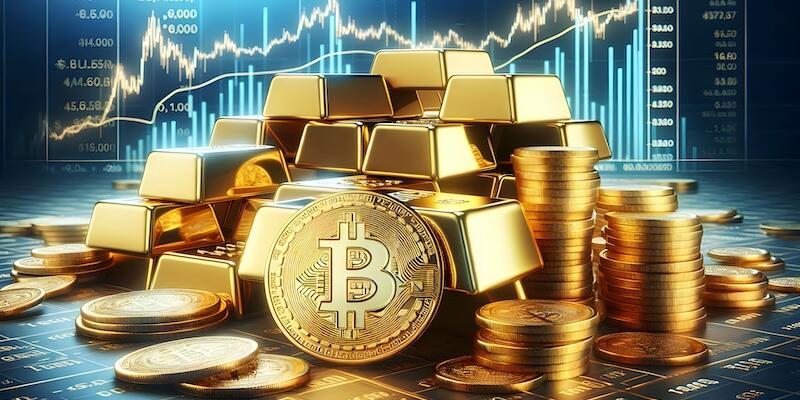 Goldbarren und Münzen liegen neben goldenen Bitcoin-Münzen, im Hintergrund zeigen Kursdiagramme steigende Werte – Symbol für Gold vs. Bitcoin Vergleich AB