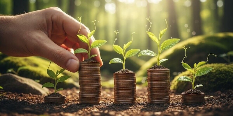 Hand stapelt Münzen in der Natur - Symbolbild für nachhaltiges Umweltbank Tagesgeld Zinsen AB